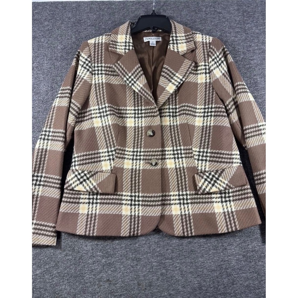Pendleton Womens Brown Plaid Virgin Wool Blazer Jacket Size 12